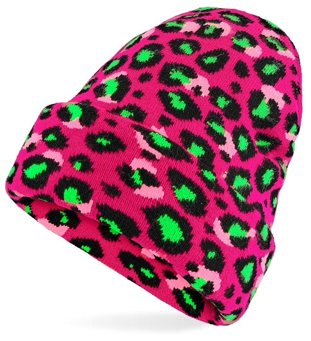 HAT BEANIE ANIMALIER LEOPARD NEON PINK" WOOL LOOK