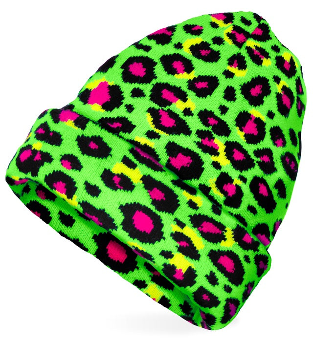 HAT BEANIE ANIMALIER LEOPARD NEON GREEN" WOOL LOOK
