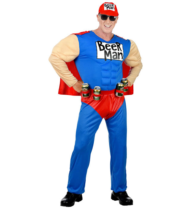 SUPER BEER MAN" (MUSCLE OVERALLS WITH CAPE, CAN HOLSTER BELT, CAP)