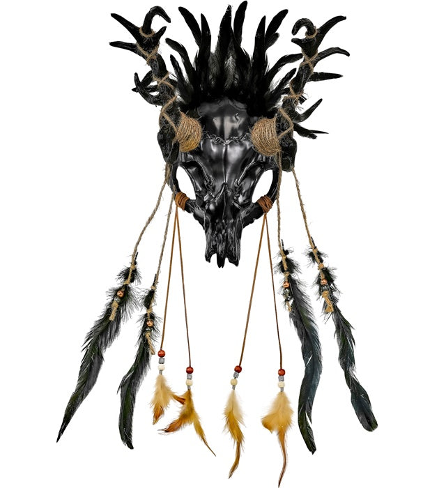 MASK SHAMAN BULL SKULL WITH FEATHERS BLACK
