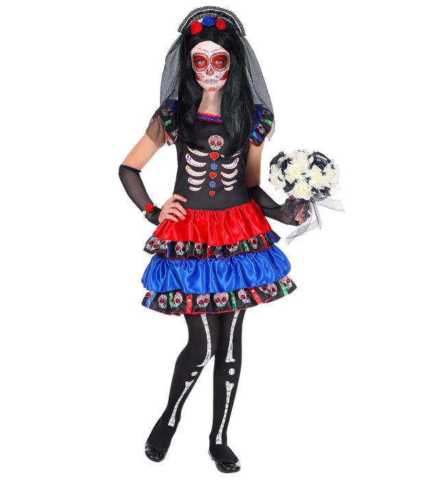 MUJER DIA DE LOS MUERTOS" (DRESS, ARM WARMERS, HEADPIECE WITH VEIL)