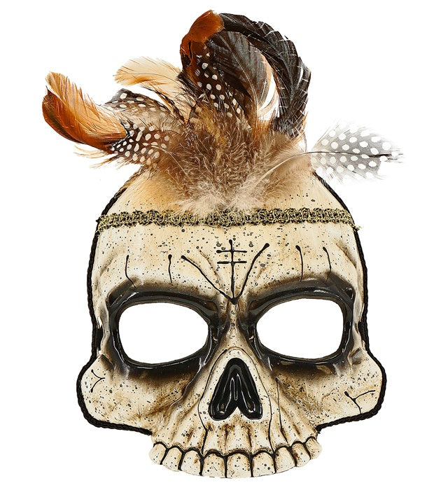 VOODOO SKULL CHINLESS MASK WITH FEATHERS" HARD PLASTIC