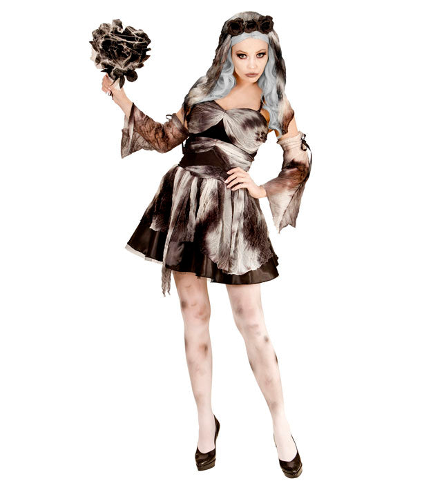 DEATH BRIDE" (DRESS, SLEEVES, HEADPIECE WITH BLACK ROSES & VEIL)