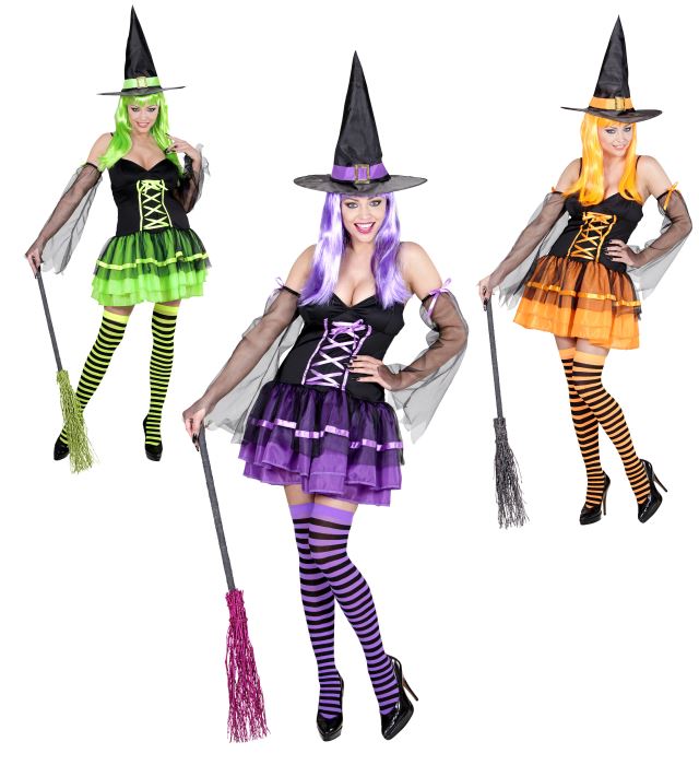 WITCH" (DRESS, ARMBANDS WITH VEILS, HAT) - 3 COLORS ASSORTED