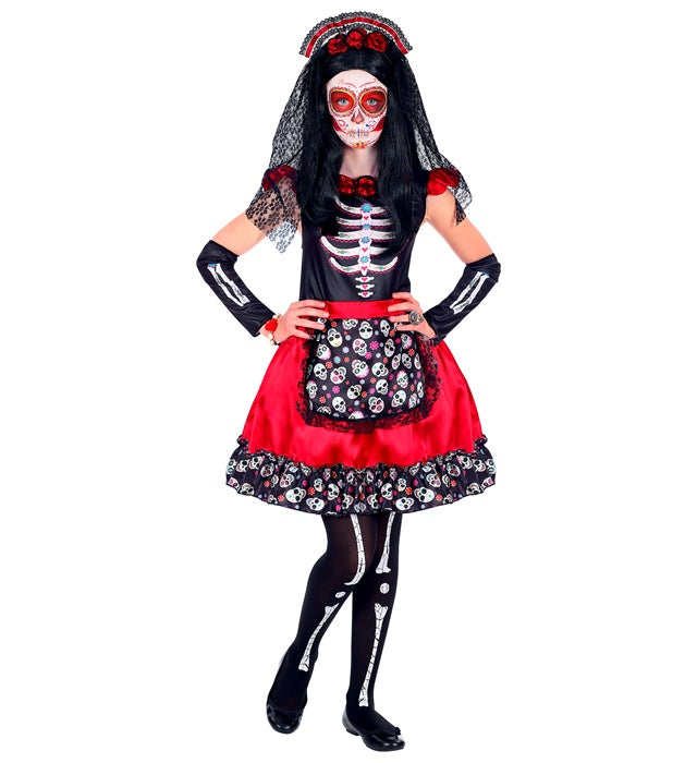 MUJER DIA DE LOS MUERTOS" (DRESS, ARM WARMERS, HEADPIECE WITH VEIL)