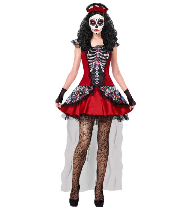 MUJER DIA DE LOS MUERTOS" (DRESS, FINGERLESS GLOVES, HEADPIECE)