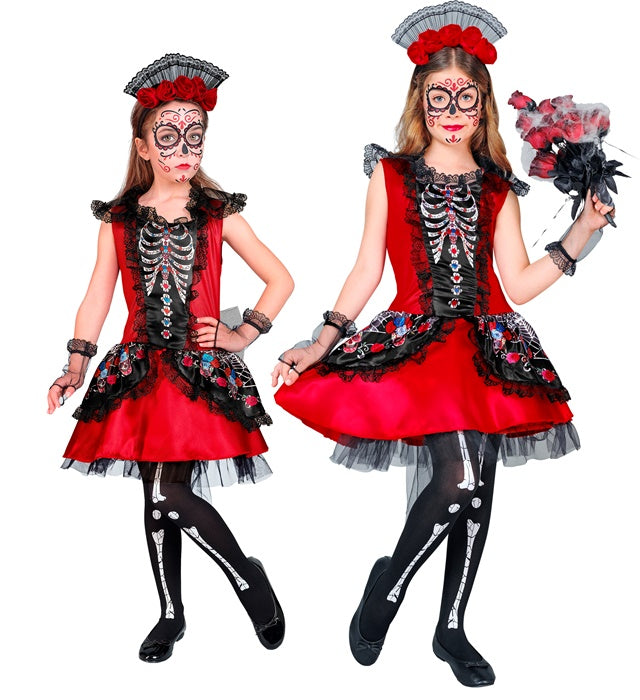 MUJER DIA DE LOS MUERTOS" (DRESS, FINGERLESS GLOVES, HEADPIECE)