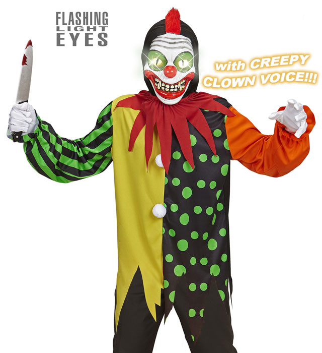 HORROR CLOWN" (HOODED COAT, COLLAR, MASK WITH FLASHING LIGHT EYES & 3 EVIL CLOWN VOICE SOUNDS)