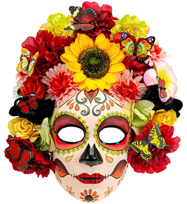 DIA DE LOS MUERTOS MASK WITH SUNFLOWER & COLORED FLOWERS