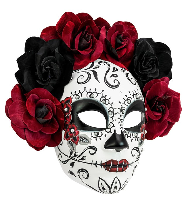 DIA DE LOS MUERTOS MASK WITH BLACK & BURGUNDY ROSES