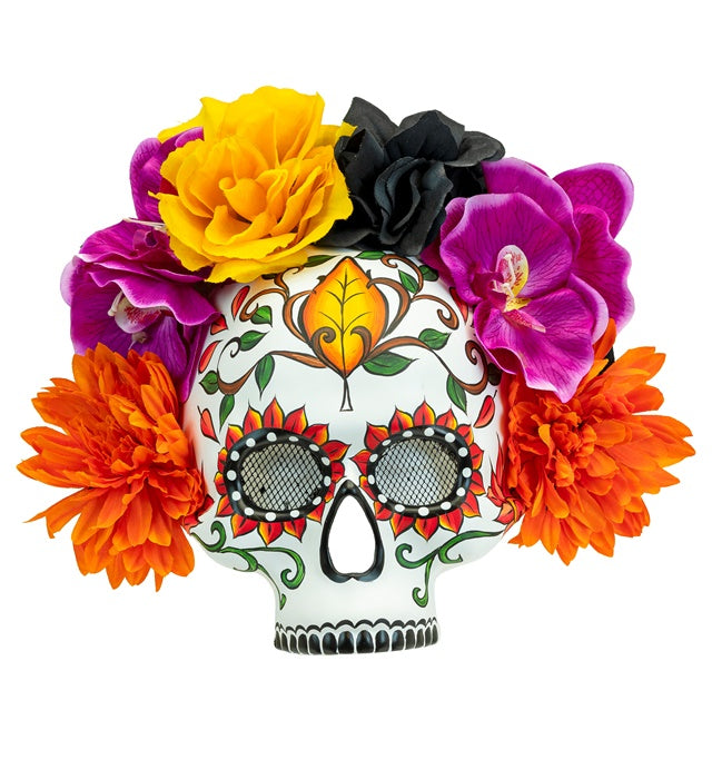 DIA DE LOS MUERTOS SKULL MASK WITH COLORED FLOWERS