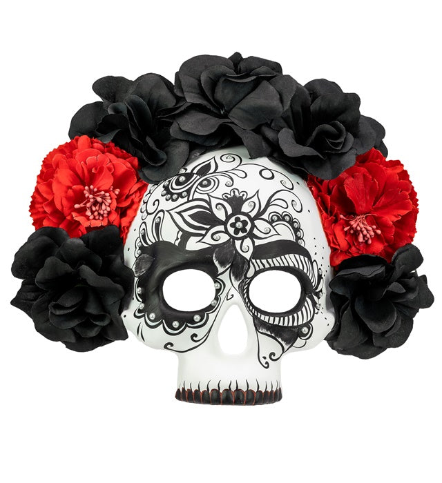DIA DE LOS MUERTOS SKULL MASK WITH BLACK & RED ROSES