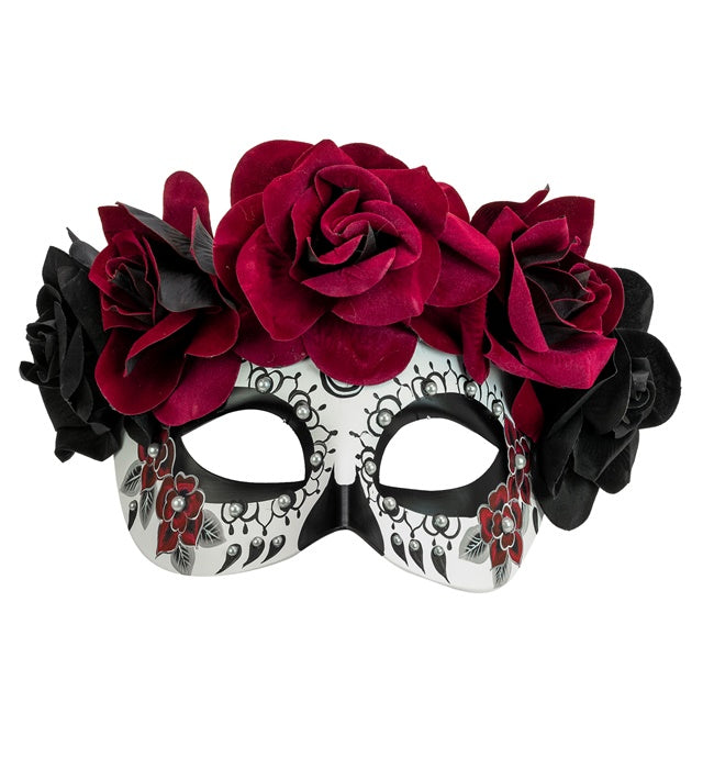 DIA DE LOS MUERTOS EYEMASK WITH BLACK & BURGUNDY ROSES