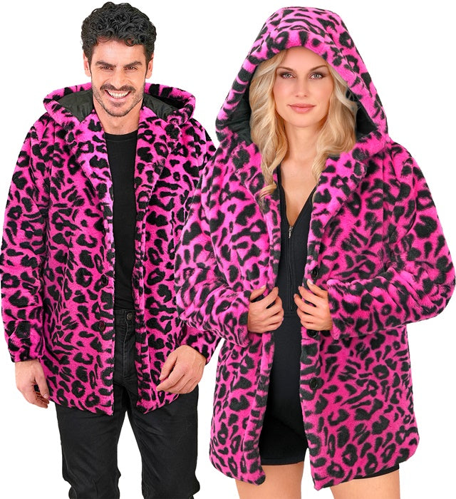 NEON PINK ANIMALIER LEOPARD PLUSH HOODED COAT