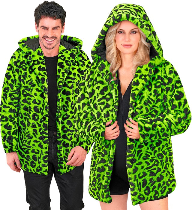 NEON GREEN ANIMALIER LEOPARD PLUSH HOODED COAT