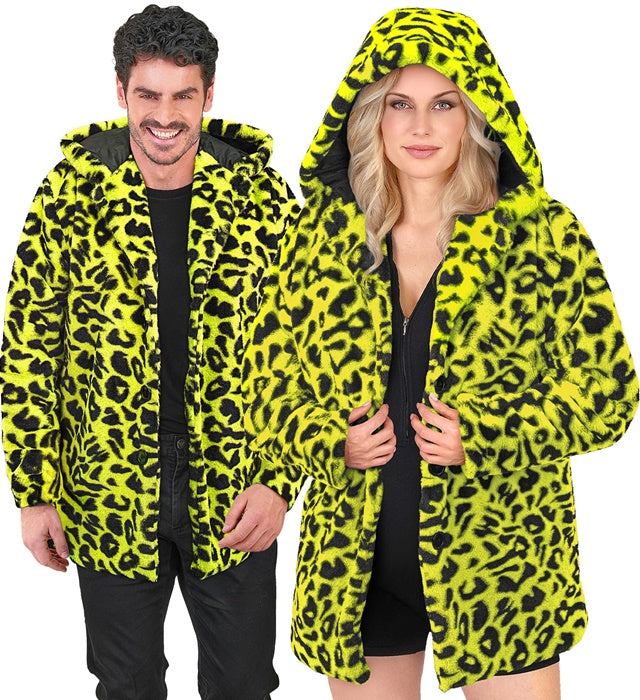 NEON YELLOW ANIMALIER LEOPARD PLUSH HOODED COAT