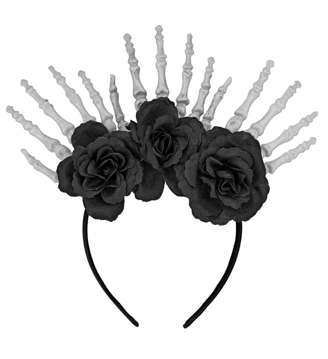 HEADPIECE SKELETON HANDS & BLACK ROSES