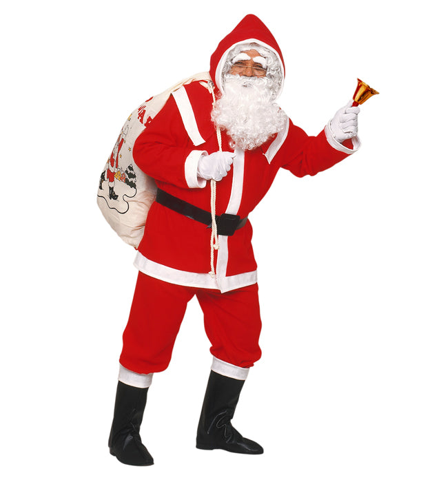 DELUXE SANTA CLAUS" FLANNEL (JACKET, PANTS, BELT, HOOD, BOOT COVERS, WIG, BEARD WITH MOUSTACHE AND EYEBROWS)