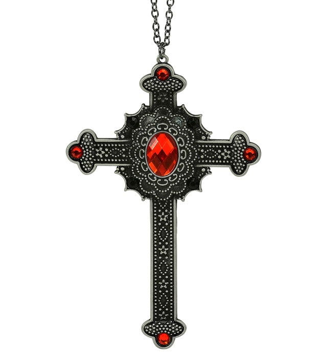 NECKLACE CROSS GOTHIC RED GEMSTONES