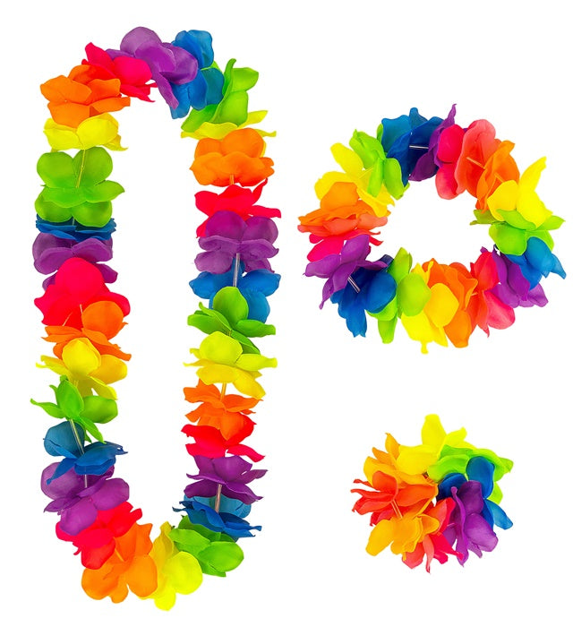 MULTICOLOR HAWAIIAN SET" (LEI, CROWN, BRACELET)