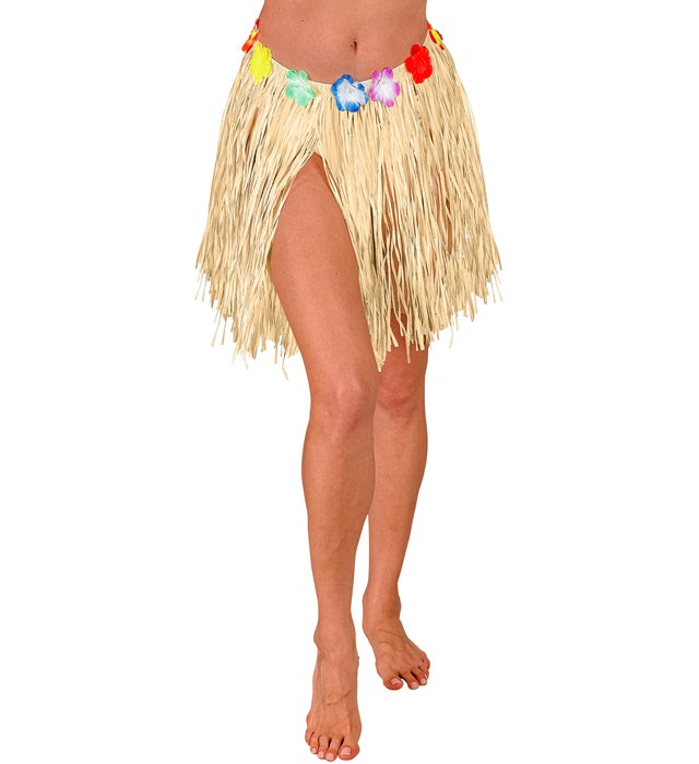 STRAW HULA MINISKIRT WITH FLOWER BELT" 40 CM - ADJUSTABLE SIZE