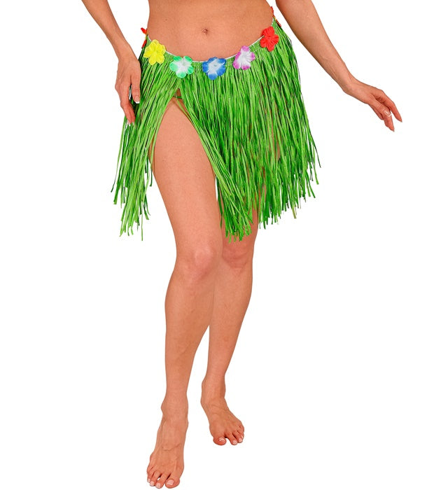 GREEN STRAW HULA MINISKIRT WITH FLOWER BELT" 40 CM - ADJUSTABLE SIZE