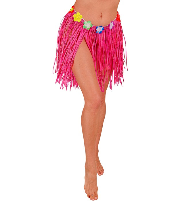 PINK STRAW HULA MINISKIRT WITH FLOWER BELT" 40 CM - ADJUSTABLE SIZE