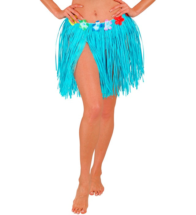 AZURE STRAW HULA MINISKIRT WITH FLOWER BELT" 40 CM - ADJUSTABLE SIZE