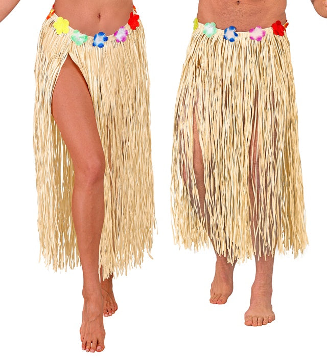 STRAW HULA SKIRT WITH FLOWER BELT" 80 CM - ADJUSTABLE SIZE
