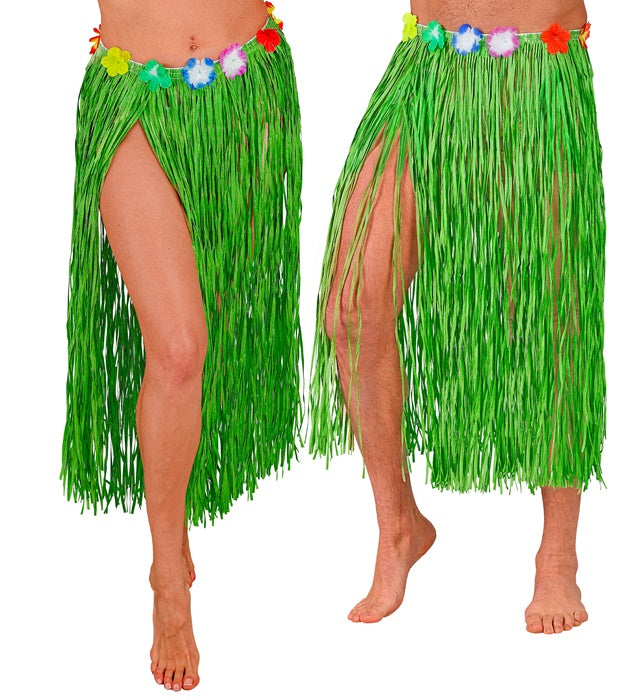 GREEN STRAW HULA SKIRT WITH FLOWER BELT" 80 CM - ADJUSTABLE SIZE