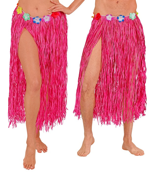 PINK STRAW HULA SKIRT WITH FLOWER BELT" 80 CM - ADJUSTABLE SIZE