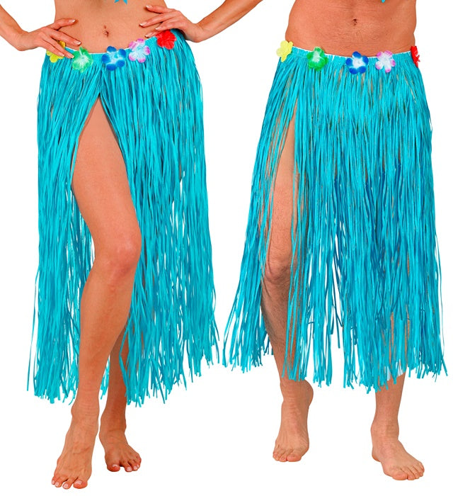 AZURE STRAW HULA SKIRT WITH FLOWER BELT" 80 CM - ADJUSTABLE SIZE