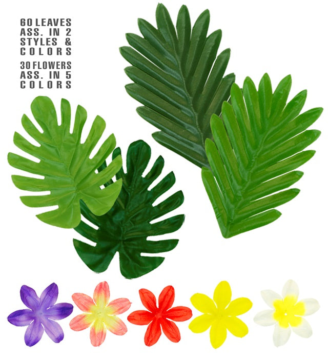 HAWAIIAN TABLE DECORATION SET" (60 LEAVES ASS. IN 2 STYLES & COLORS + 30 FLOWERS ASS. IN 5 COLORS)