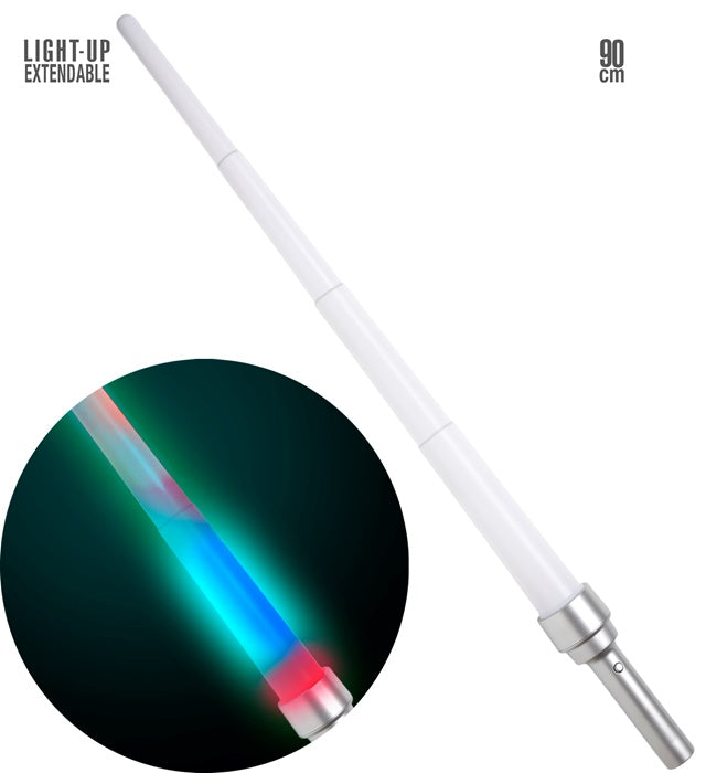 EXTENDABLE LIGHT SABER" 90 CM - 4 LIGHT FUNCTIONS (FAST FLASHING COLOR CHANGING LIGHT, FADE-IN FADE-OUT COLOR CHANGING LIGHT, STEADY WHITE LIGHT, FAST FLASHING RED-GREEN-BLUE LIGHT)