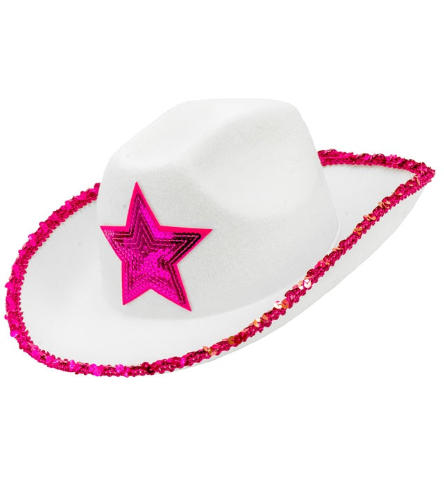 WHITE COWGIRL PARTY HAT WITH HOT PINK SEQUIN STAR