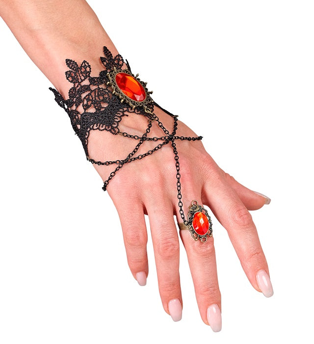 LACE BRACELET WITH RING & RED GEMS