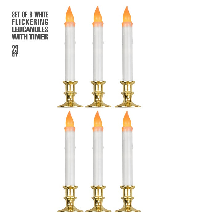 SET OF 6 WHITE FLICKERING LED CANDLES WITH TIMER" 23 CM