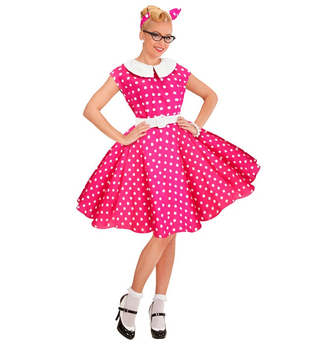THE 50S ROCK'N'ROLL FASHION HOT PINK" (DRESS WITH PETTICOAT, BELT, HEADBAND)