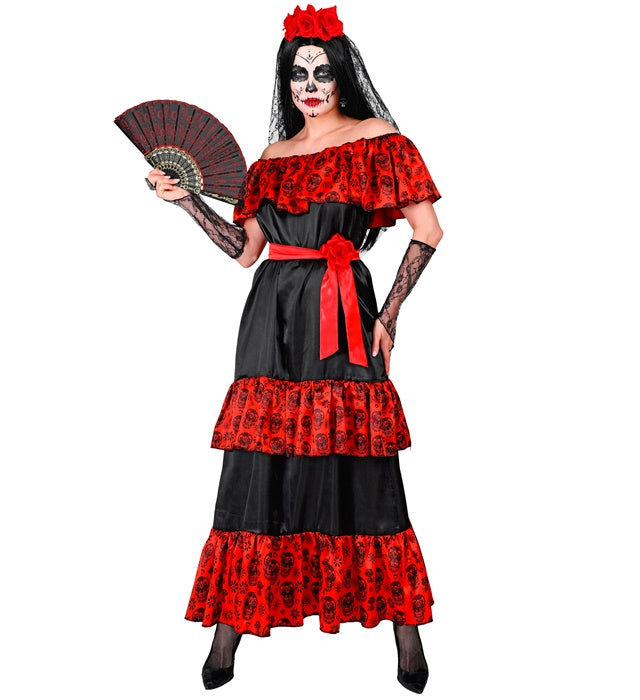 MUJER DIA DE LOS MUERTOS" (DRESS, ROSE BELT, FINGERLESS GLOVES, FLOWER VEIL)