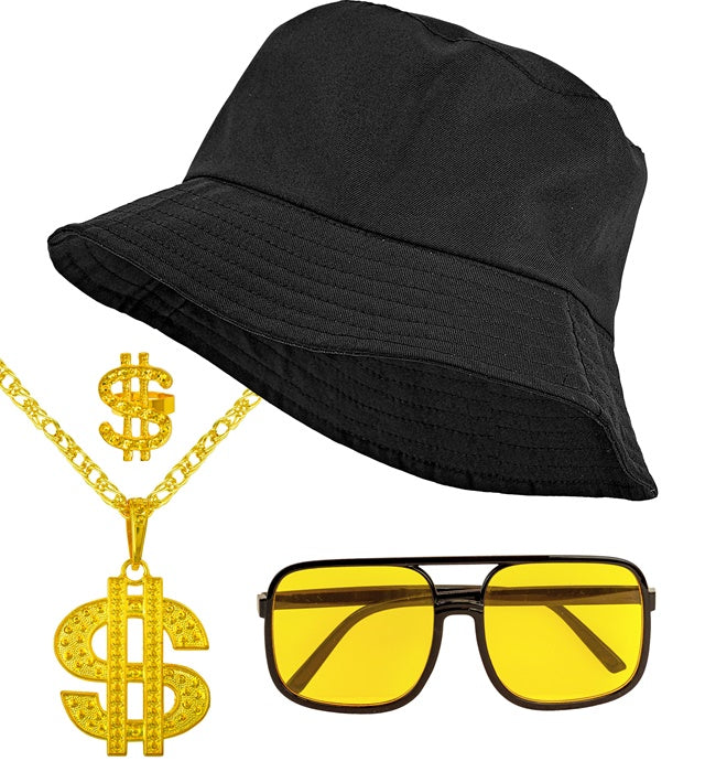 THE 90S HIP HOP FASHION - BLACK" (BUCKET HAT, GLASSES, NECKLACE, RING)
