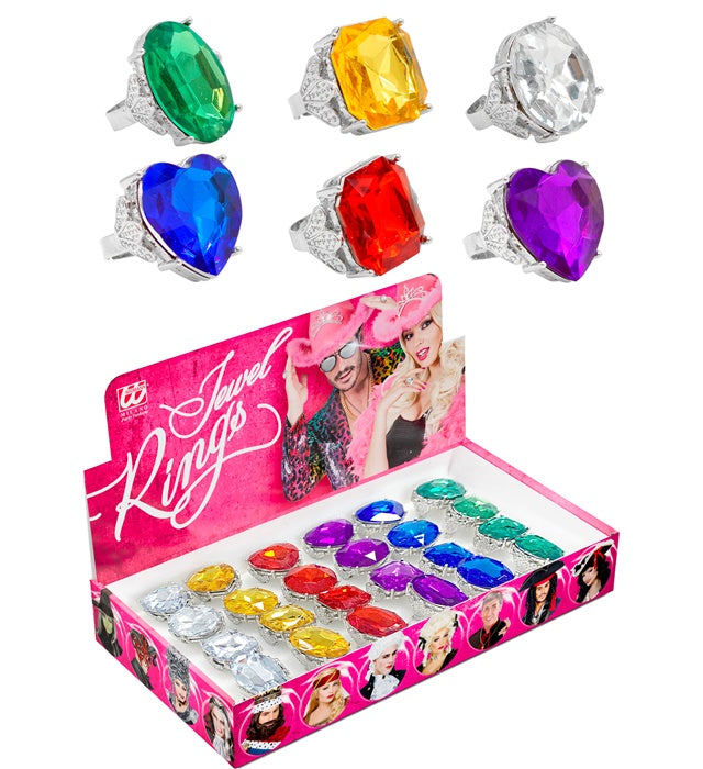 COLORED JEWEL RINGS" IN DISPLAY BOX - 4 STYLES & 6 COLORS ASS.