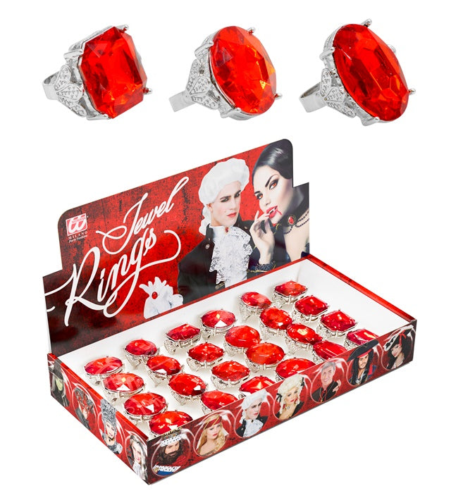 RED JEWEL RINGS" IN DISPLAY BOX - 3 STYLES ASS.