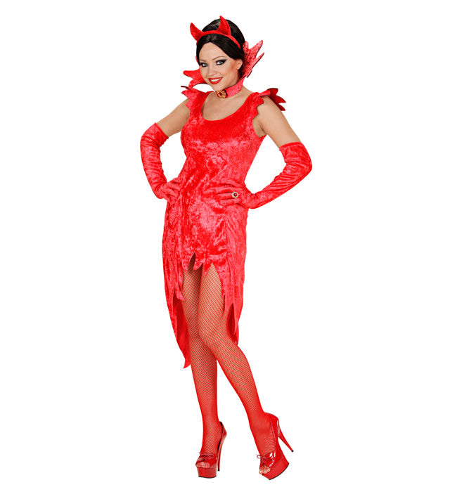 DEVIL LADY" (VELVET DRESS, GLOVES, STAND-UP COLLAR WITH GEM)
