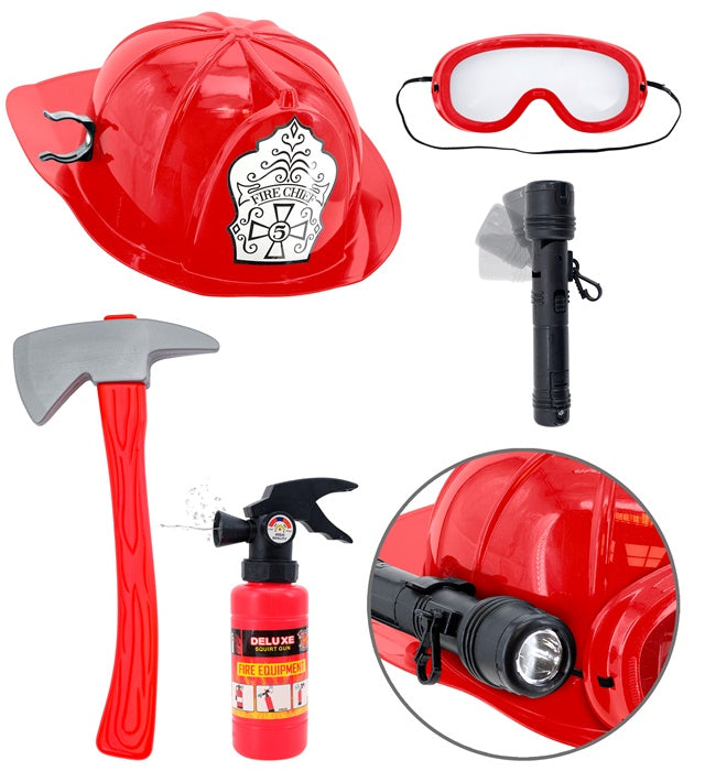 FIREFIGHTER SET" (HELMET WITH TACTICAL GOGGLES & TORCH, AXE, FIRE EXTINGUISHER)