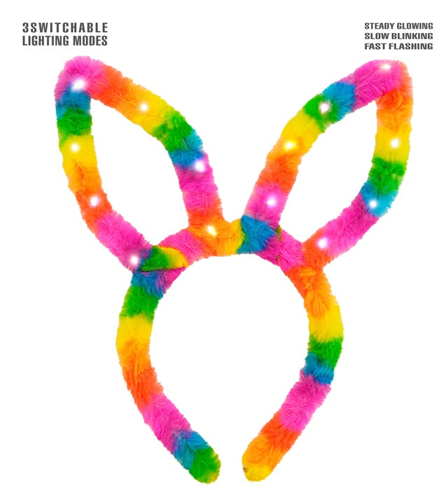 LIGHT-UP RAINBOW BUNNY EARS" WITH STEADY, SLOW & FAST FLASHING LIGHT MODES