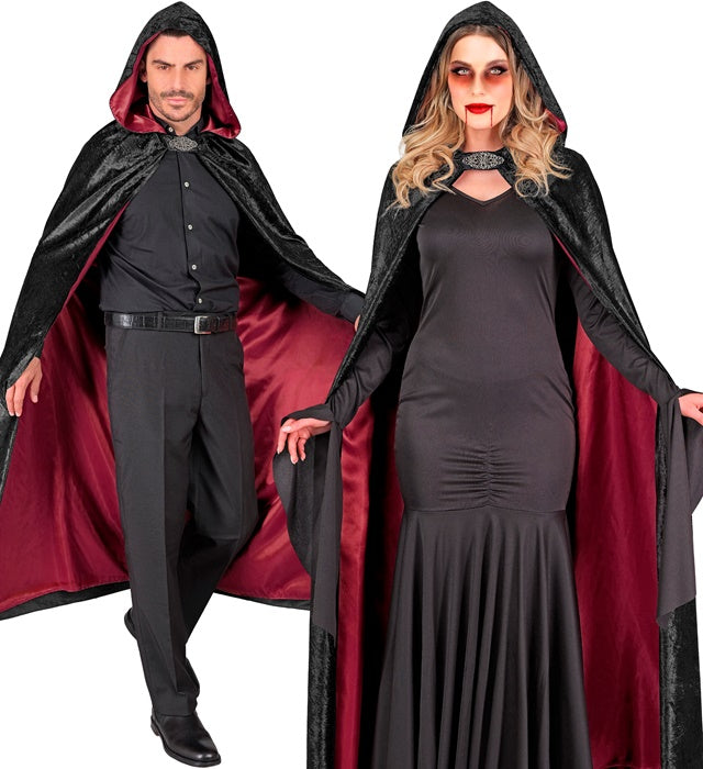BLACK VELVET HOODED CAPE WITH RED LINING" 140 CM