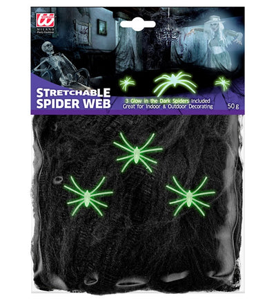 "50 G BLACK SPIDERWEB WITH 3 GLOW IN THE DARK SPIDERS"