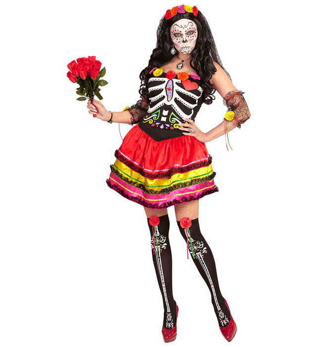 MUJER DIA DE LOS MUERTOS" (DRESS, FINGERLESS GLOVES, THIGH HIGHS, HEADPIECE WITH VEIL)