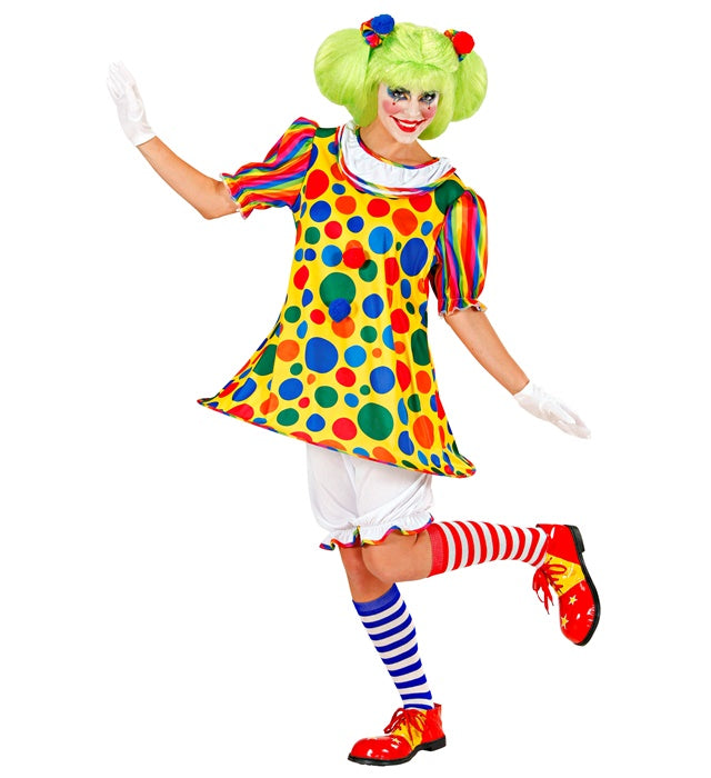 CLOWN" (DRESS WITH HOOPED HEMLINE, PANTALOONS, POM POM HAIR ELASTICS)