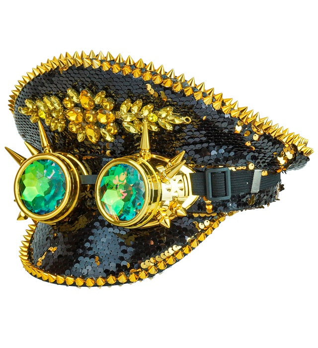 HAT FESTIVAL SPIKED WITH JEWELS & SPIKED KALEIDOSCOPIC GOGGLES REVERSIBLE SEQUIN BLACK/GOLD